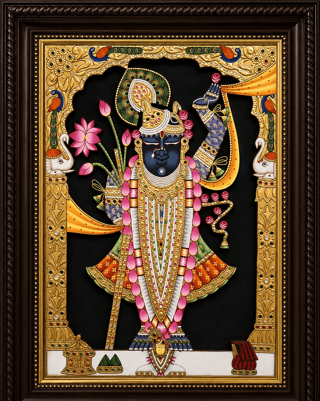 Shrinathji Tanjore Painting with Black Backdrop and Elephant Pillars — Handmade by Nathdwara Artisans